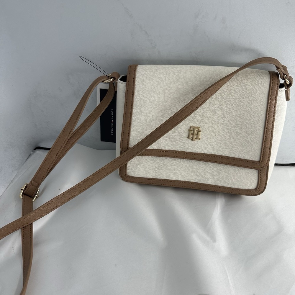 New Tommy Hilfiger Crossbody Purse Cream Brown Trim Snap Front Straps